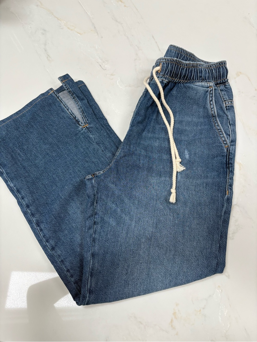 Pilcro Relaxed Wide-Leg Denim Jeans in Blue with Drawcord